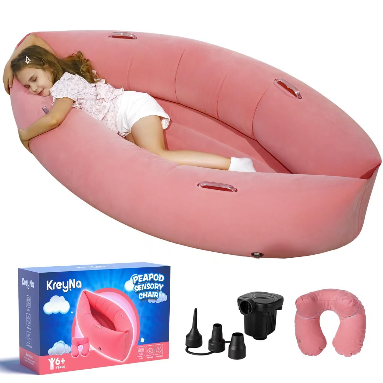 Sensory Chair Inflatable Peapod Canoe, 60" Sensory Pod Sitting for Autistic Children, ADHD Sensory Pea Pod with Neck Pillow, Electric Air Pump, Pink