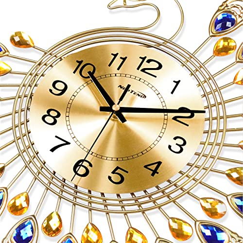 NEOTEND Gold Modern Wall Clock for Living Room Decor Large Peacock Kitchen Big Wall Watch for Bedroom Silent Decorative Office Non Ticking Metal Crystal Wall Clock Battery Operated 15 Inch