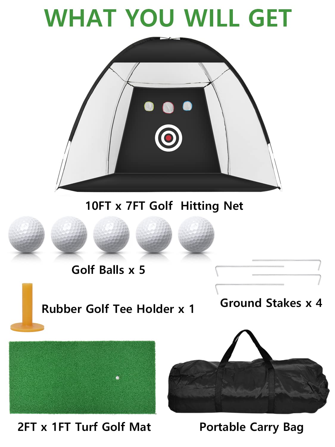 Golf Practice Net - 10x7ft Hitting Aid with Targets / 1 Mat / 5 Balls / 1 Tee / Bag - Men's Indoor/Outdoor Swing Trainer