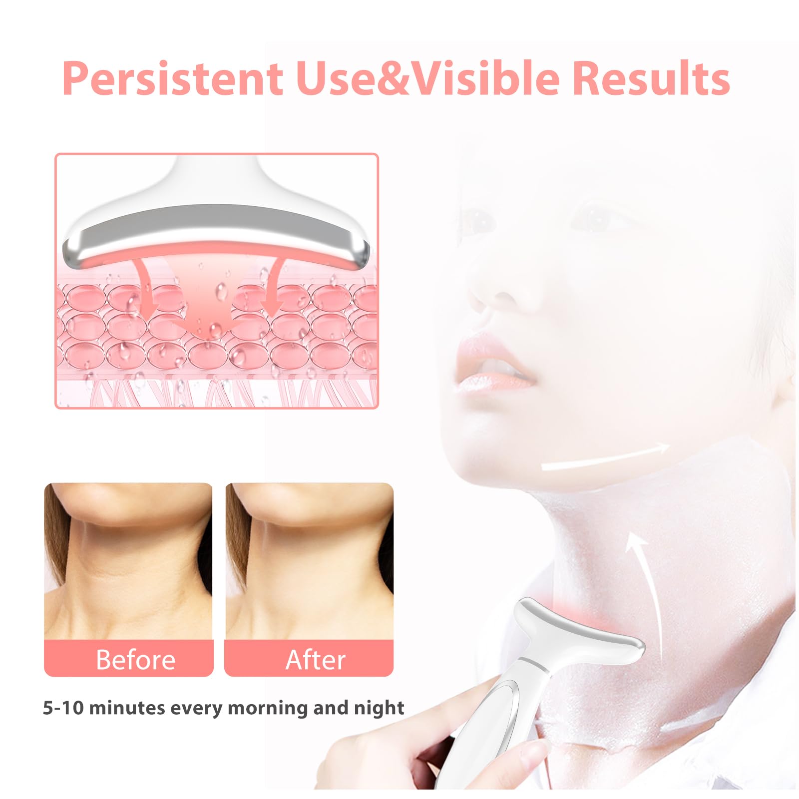 MASIKE Neck Face Beauty Device, Multifunctional Portable Facial Massager, 4 Color Led Face Neck Massager for Skin Care
