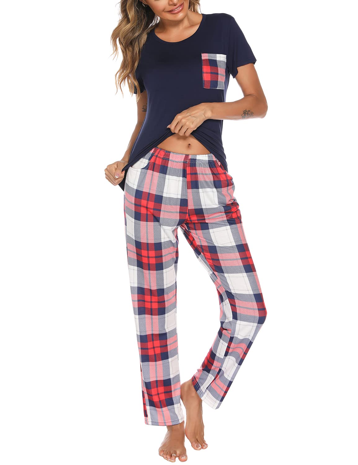 EISHOPEER Womens Red and Navy Classic Plaid Soft Short Sleeve Top and Long Pants Sleepwear Pjs Sets X-Small