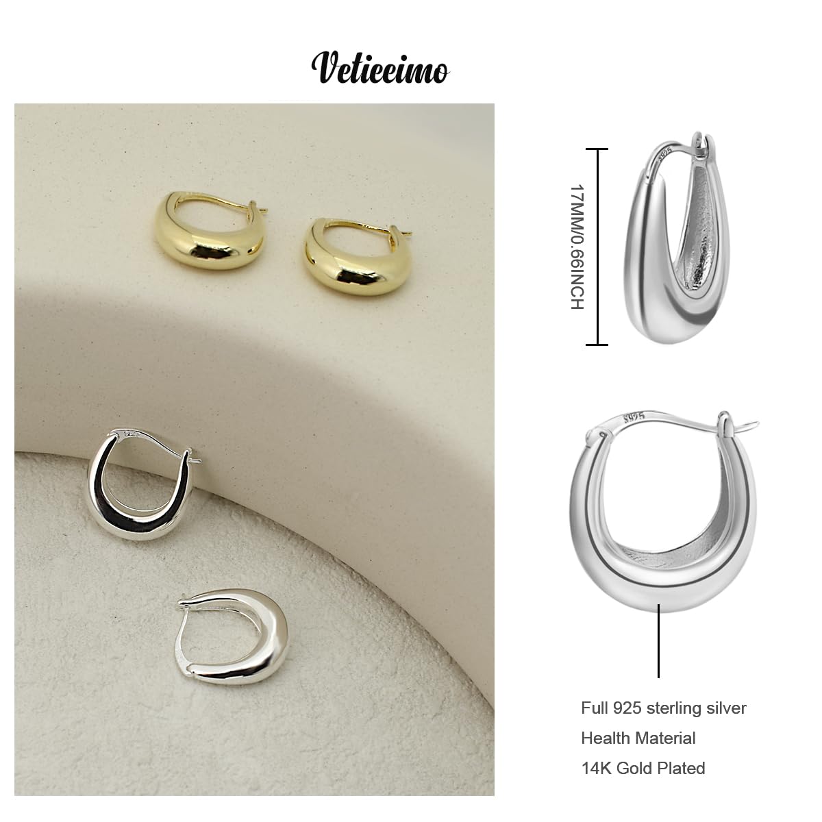 Vetieeimo Basic Crescent Moon 925 Sterling Silver Chunky Huggie Hoop Earrings Thick Lightweight Gold Hoop Earrings Jewelry Gift for Women Girls (Silver)