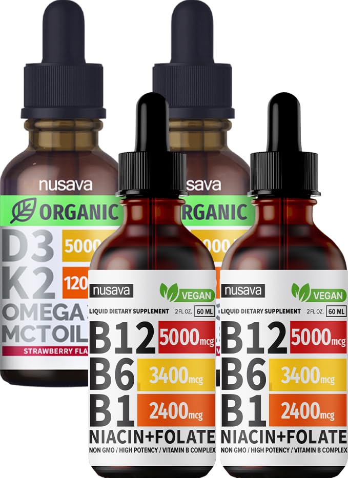 NUSAVA Vitamin B12 Liquid Drops and Strawberry Flavored D3 K2 Bundle - Potent Liquid Vitamins for Heart, Joint, Energy, & Immune Support - Non-GMO, Gluten-Free, 2pk Each