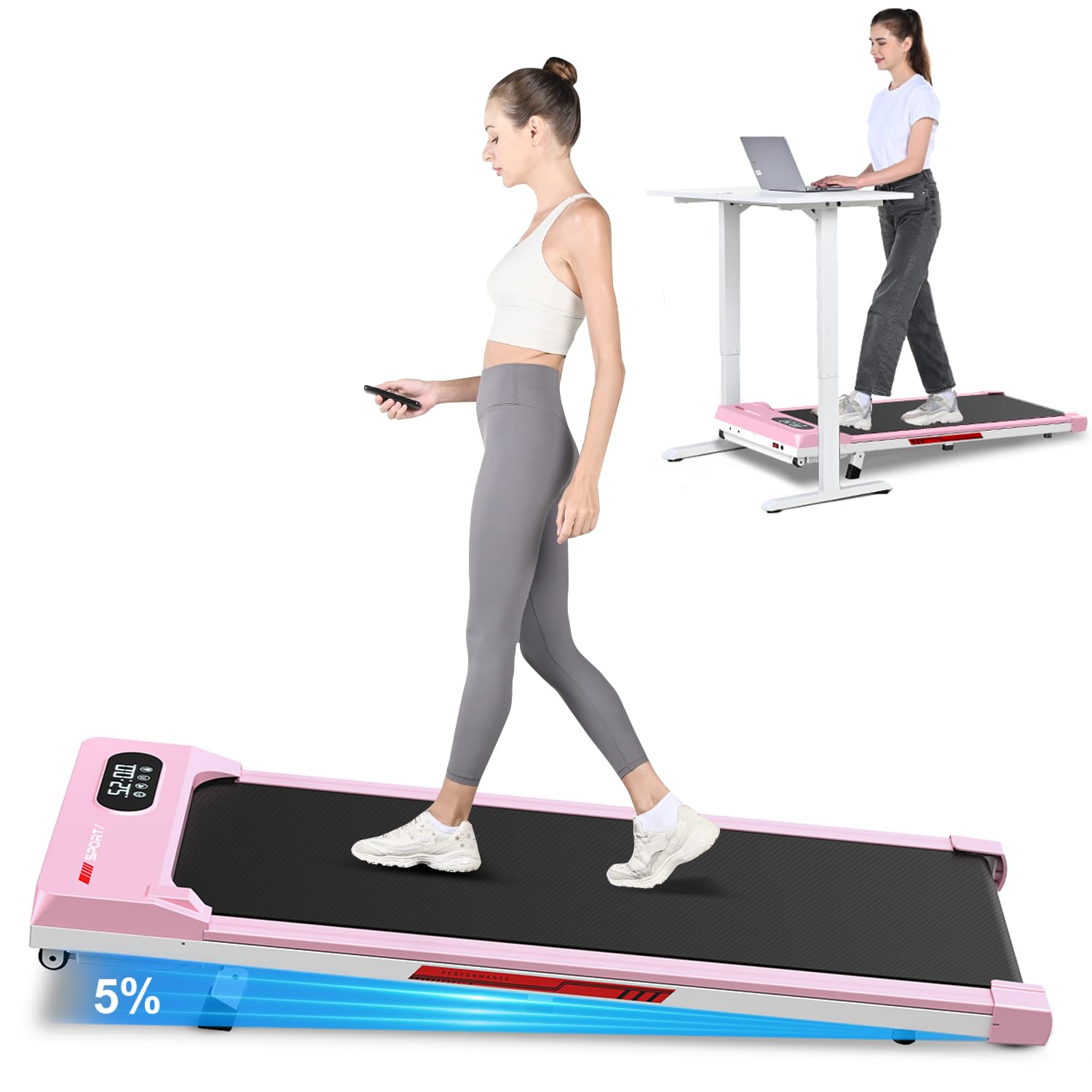 Walking Pad Treadmill with 5% Incline, 5 MPH Under Desk Treadmill for Home & Office, 300+ lb Capacity, Ultra Quiet < 45dB, Remote Control, Compact & Portable & Small, Pink
