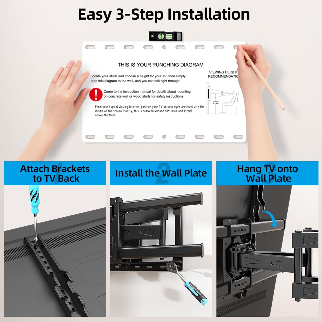 HOME VISION Full Motion TV Wall Mount for Most 32-85 inch TVs up to132lbs, Wall Mount TV Bracket Dual Articulating Arms, Swivel, Tilting, Leveling TV Mount, Max VESA 600x400mm, Fits 8"12"16" Wood Stud