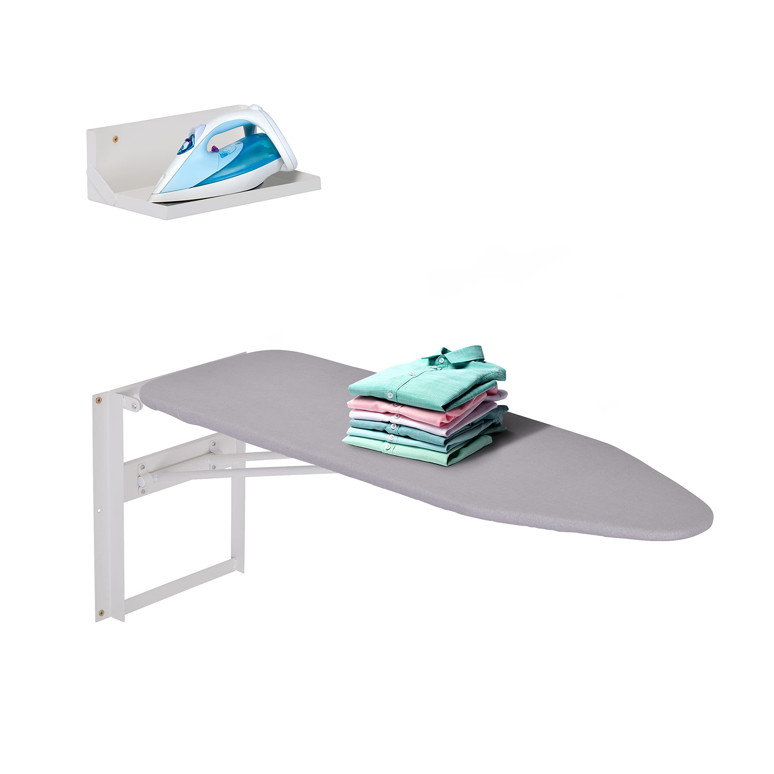 Ivation Wall-Mounted Ironing Board With Storage Shelf, Foldable 36.2” x 12.2”, Fold Down Ironing Station for Home, Apartment &, Easy-Release Lever, Removable Cotton Cover & Dorms, Hardware Included