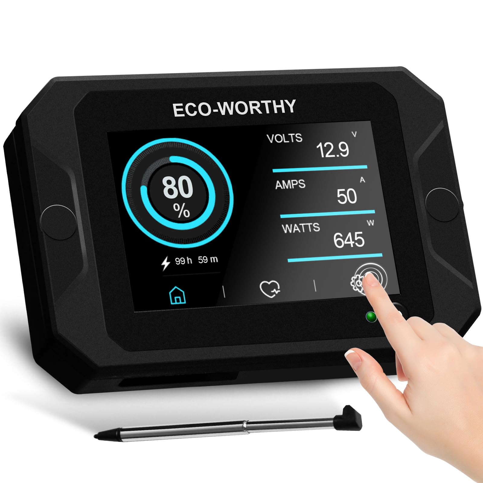 ECO-WORTHY Battery Monitor with Hall Sensor Touchable Display, 9-80V 300A Battery Monitor with Alarm, for Li-ion/LiFePO4/AGM/Gel Battery in Golf Cart/RV/Solar System