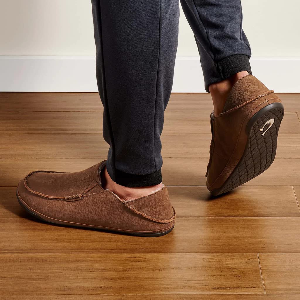 OLUKAI Kipuka Hulu Men's Leather Slippers, Premium Nubuck Leather Slip On Shoes, Shearling Lining & Gel Insert, Drop-In Heel Design, Toffee/Toffee, 7