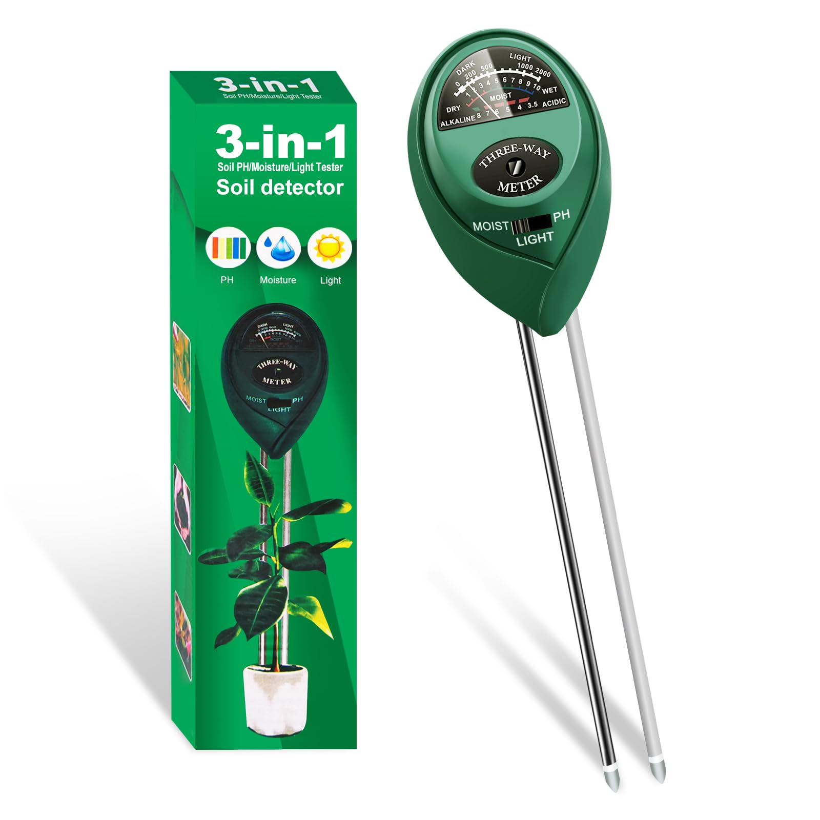 Zoiydals Soil Tester 3-in-1 – Soil Moisture Meter, Light Sensor & Soil pH Tester – No Battery Needed – Plant Moisture & Water Monitor for Garden, Lawn, Farm, Indoor/Outdoor – Promote Healthy Growth