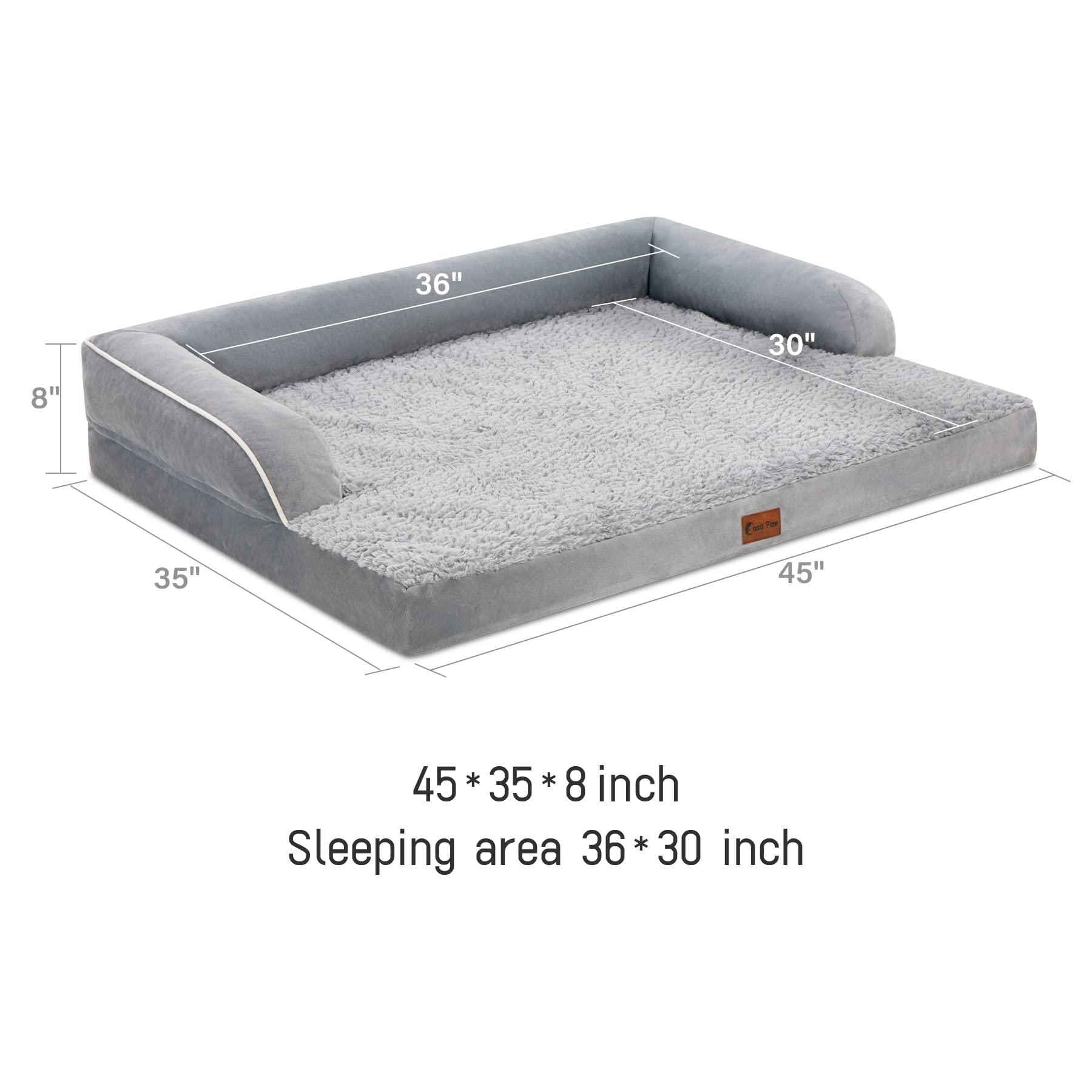 Casa Paw Orthopedic Dog Beds for Extra Large Dogs, Waterproof XLarge, Memory Foam Couch , Comfy Bolster Pet Bed with Removable Washable Cover, Nonskid Bottom (X-Large, Grey)