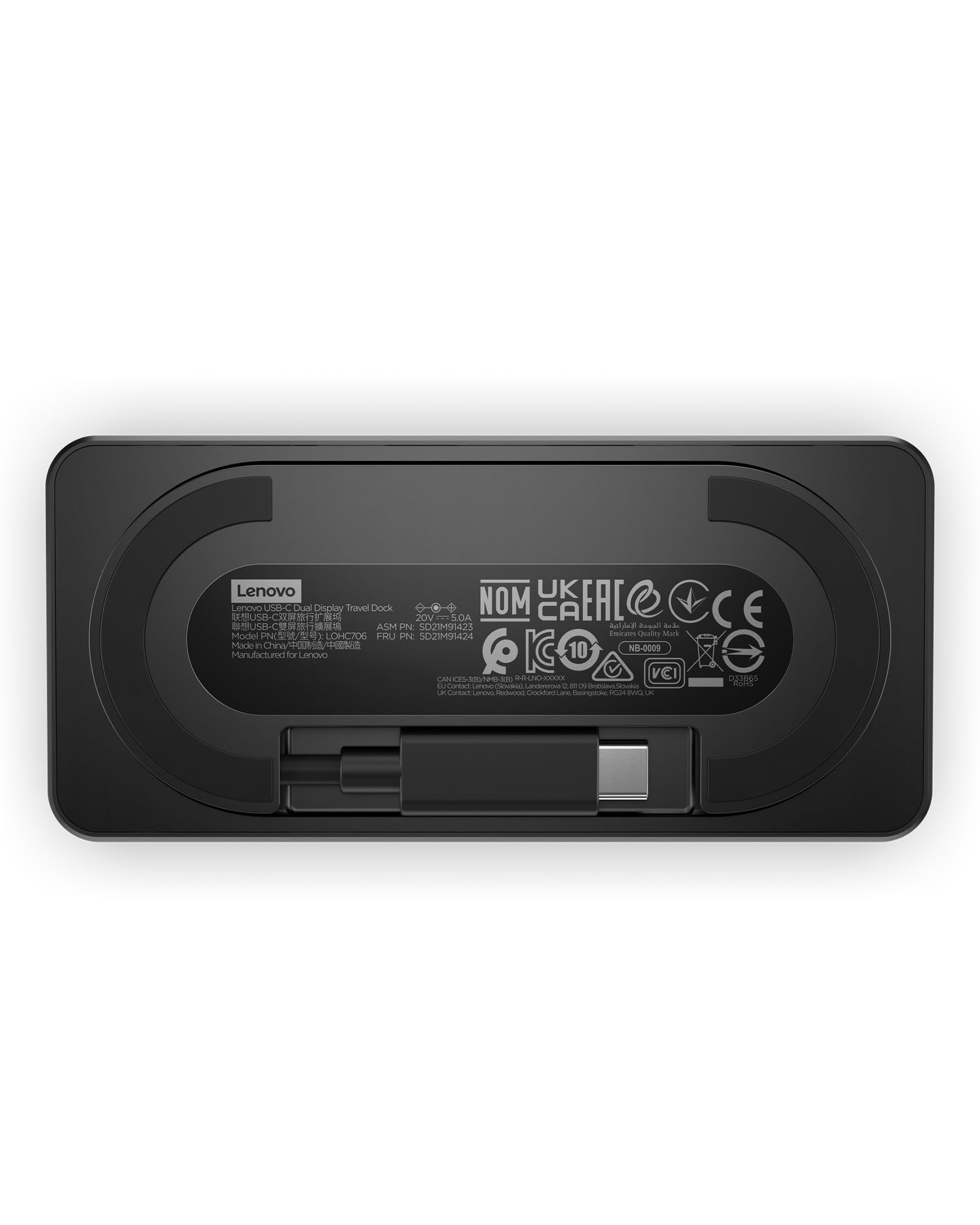 Lenovo USB-C Dual Display Travel Dock w/ 100W Power Adapter - 7 Ports, Integrated USB-C Cable, Universal Compatibility, Dual Displays at 4K - Black