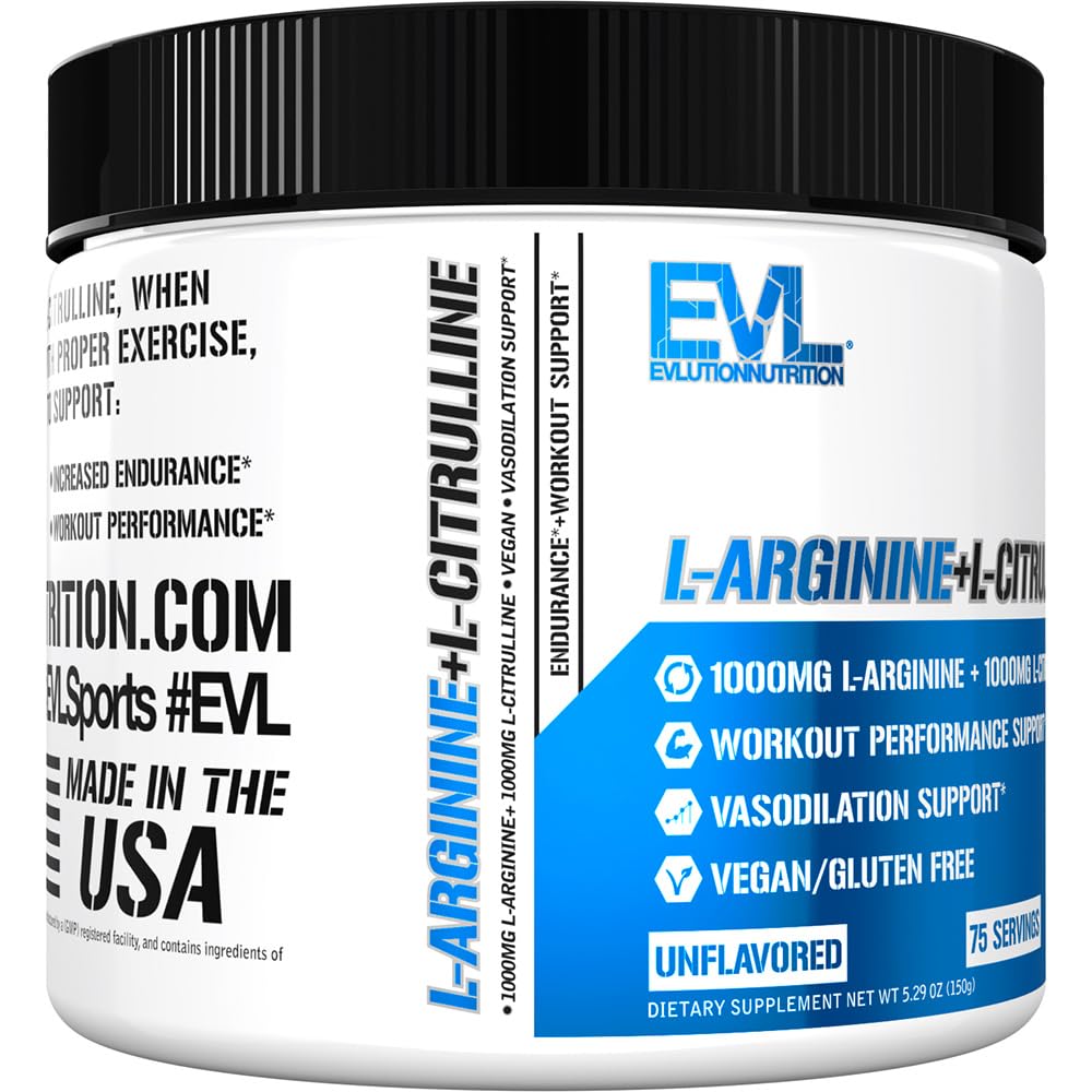 Evlution Nutrition L-Arginine + L-Citrulline - Endurance + Workout Performance Supplement - 2000mg Complex - Vasodilation + Nitric Oxide Support - Vegan + Gluten Free Powder - 75 Servings