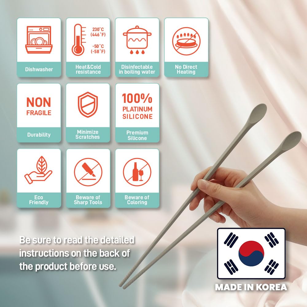RECOHOME Reusable Long Silicone Cooking Chopsticks with Spoon 12 Inches 1 Pair, Dishwasher Safe, BPA-free Non-Slip, Non-Scratch, Korea Japanese Kitchen Utensils (Pastel Grey, 1Pair )