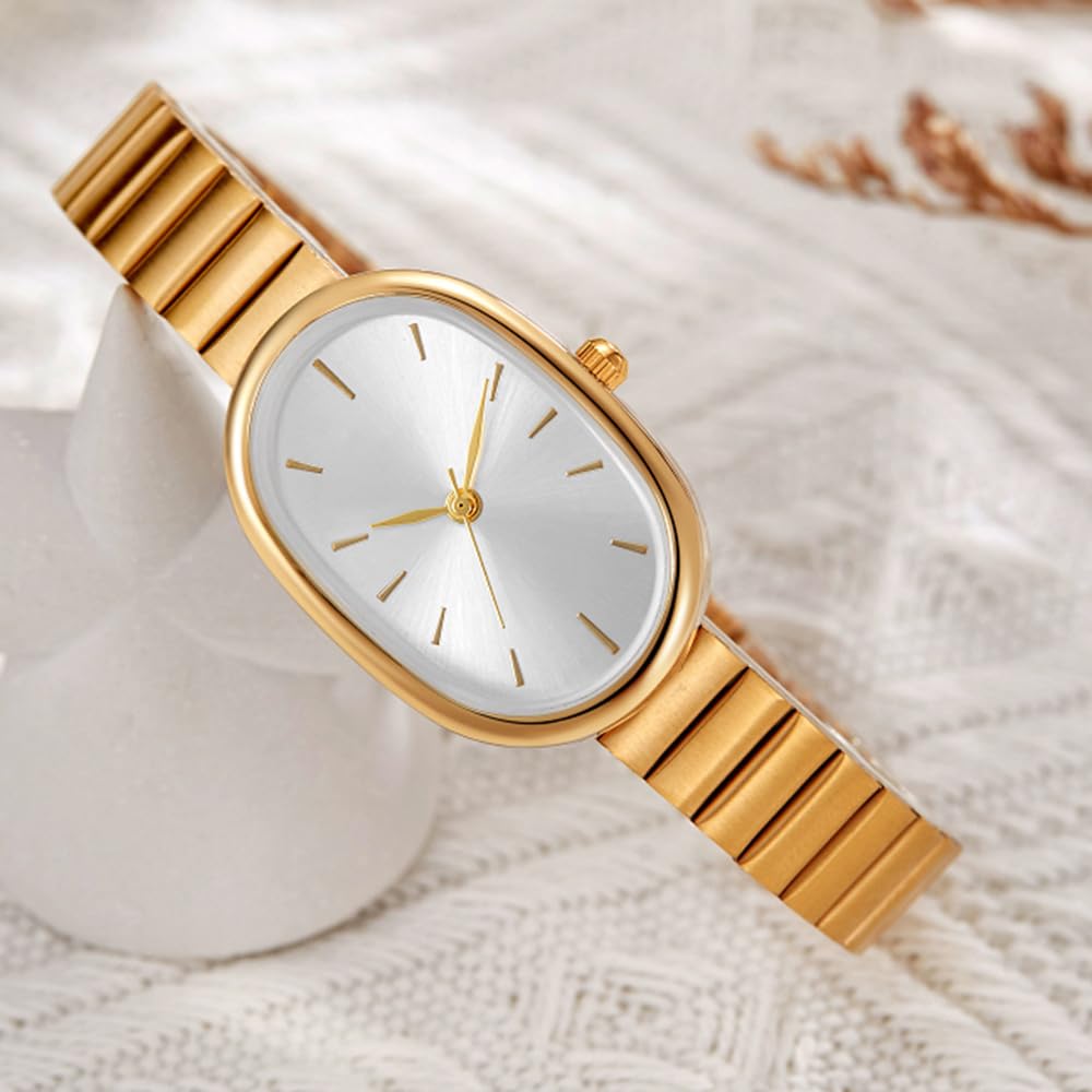 BESTKANG Exquisite Watches for Women Easy Reader Watch Fashion Oval Ultrathin Waterproof Ladies Wrist Watch (Gold White)
