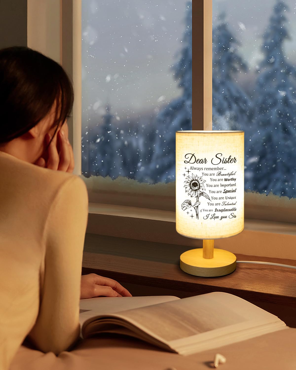 Calibron Sister Gifts, Sister Christmas Gifts Fabric Lamp, Christmas Gifts for Sister, Sister Birthday Gifts Table Lamp with Wooden Stand Anniversary Wedding Birthday Gifts for Sisters