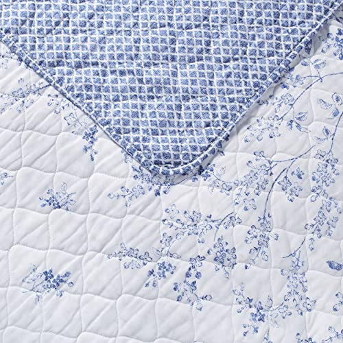 Laura Ashley Home - Twin Quilt Set, Reversible Cotton Bedding with Matching Sham, Pre-Washed Home Decor for Added Softness (Flora Blue, Twin)