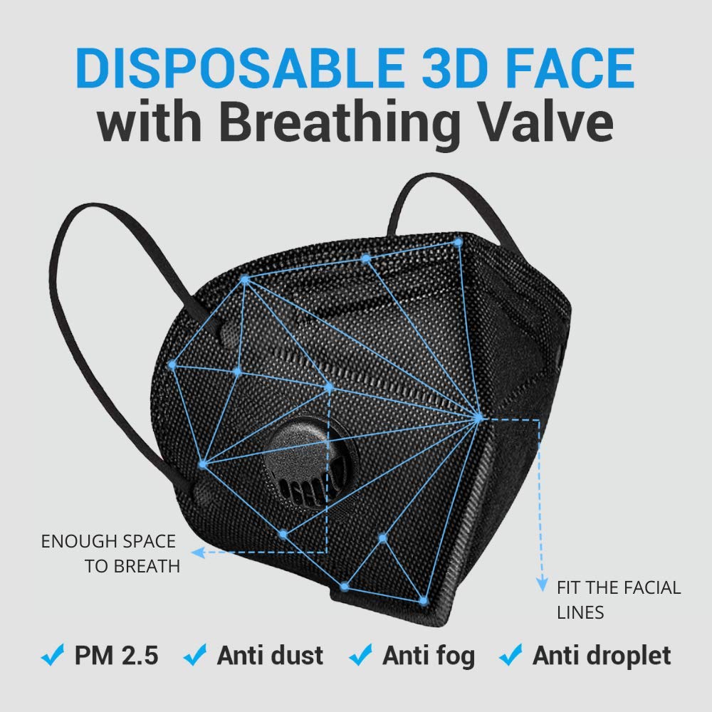 Face mask black disposable with breathing-valve 10 pack | black face masks for men and woman 5 layer | disposable face mask for protection | breathable sport face mask lightweight comfortable on skin