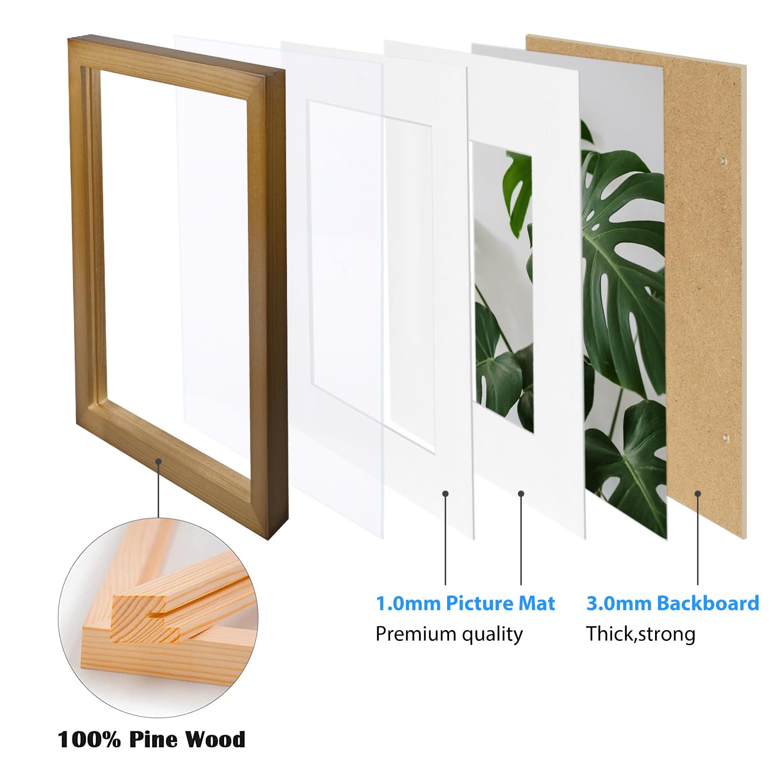 Egofine 8x10 Picture Frames 4 Pack, for Pictures 4x6 or 5x7 with Mat Made of Solid Wood Covered by Plexiglass for Table Top Display and Wall Mounting Photo Frames, Light Brown