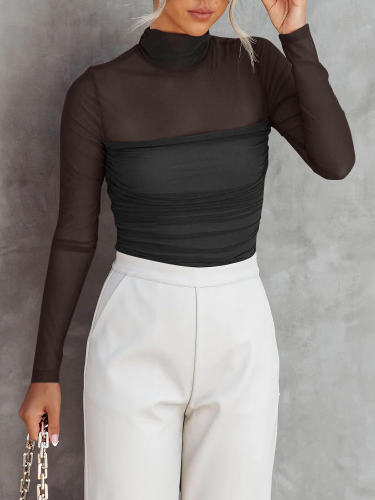 Women's Sexy Mock Turtle Neck Sheer Mesh Ruched Bodysuit - Fall Trendy Going Out Leotard Top by REORIA