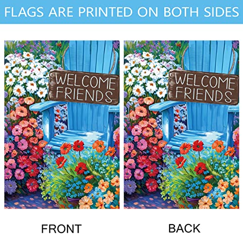 Morigins Welcome Friends Spring Chair Garden Flags Double Sided Summer Floral for Patio Lawn Home Outdoor Decor 28x40 Inch