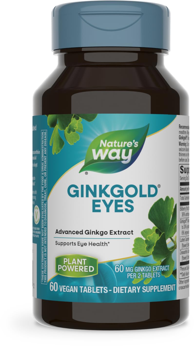 Nature's Way Ginkgold Eyes, Gingko Biloba Supplement for Adults, Supports Eye Health*, Gluten Free, 60mg Ginkgo Biloba Extract Per 2- Tablet Serving, 60 Tablets (Packaging May Vary)