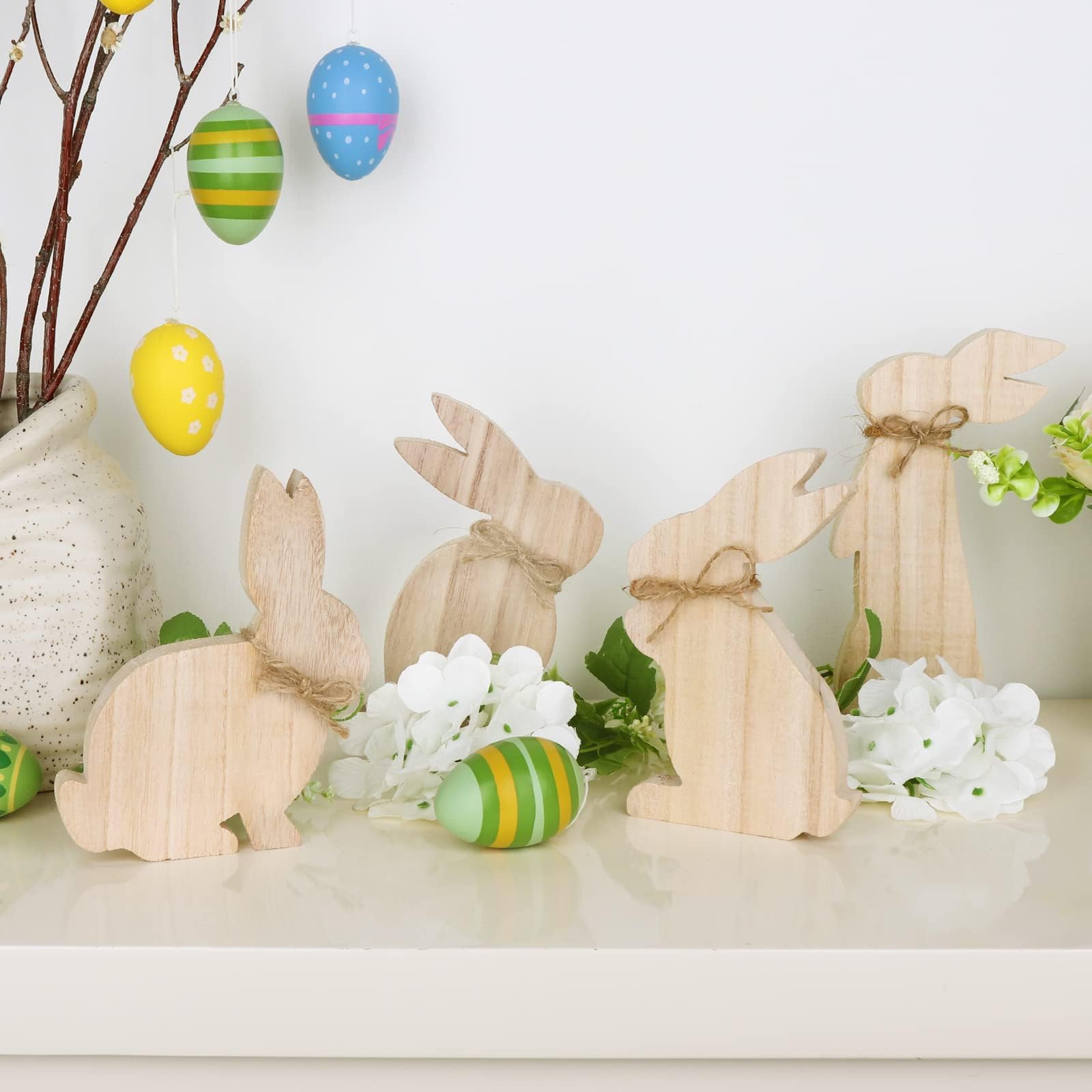 Treory 4 pcs Easter Bunny Natural Wooden Table Signs: Rustic Freestanding Tiered Tray Decor for Home, Farmhouse, Easter Gifts
