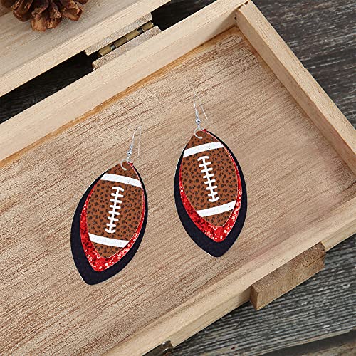 Colorful 3 Layered Rugby Football Dangle Earrings Glitter Faux Leather PU Football Sports Lover Teardrop Earrings for Women Jewelry (A)