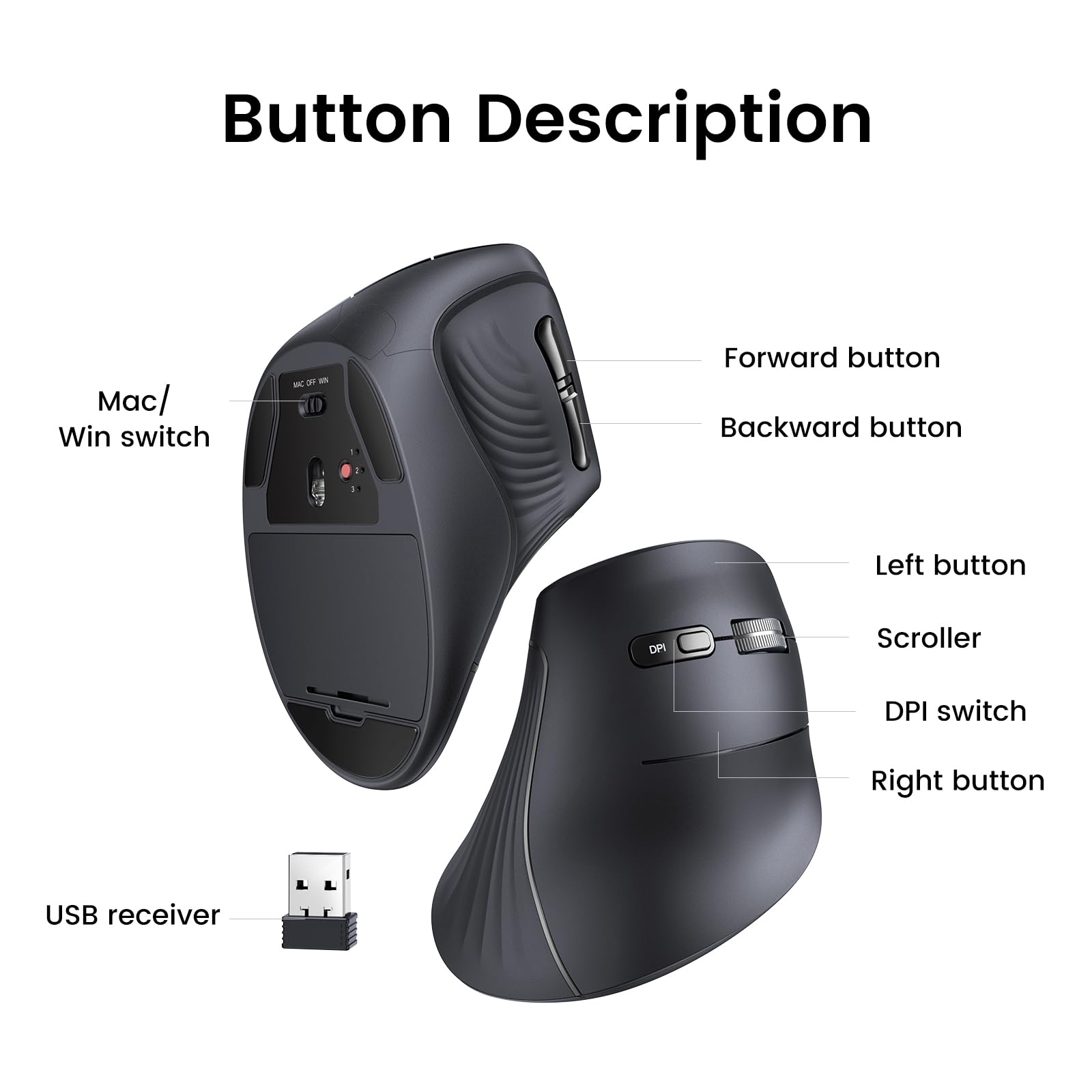 UGREEN Vertical Mouse Wireless (Bluetooth 5.0+2.4G) Ergonomic Mouse with 5 Buttons, 1000/1600/2000/4000 DPI, Prevention of Mouse Arm, Vertical Mouse Compatible with PC/Laptop/Tablet, Black