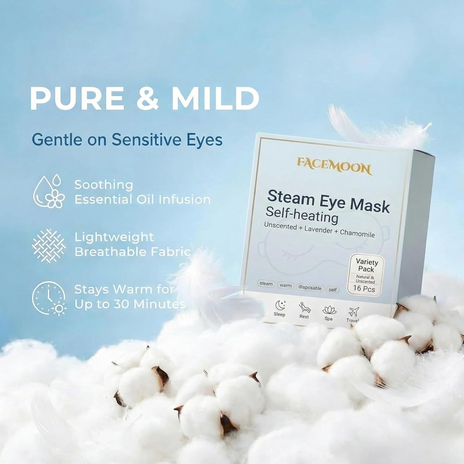 16 Packs Self Heating Steam Eye Masks: Disposable Moist Warm Compress for Dry Eyes, Eye Strain, Stye & Stress Relief – No Microwave Needed for Relax, Travel, Sleep & Spa, Unscented