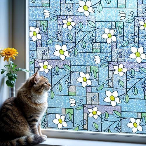 DUOFIRE Total Blackout Window Film, 100% Light Blocking Stained Glass Window Film Decorative, Flower Rainbow Windows Films Room Removable Static Cling Windows Cover for Home, 47.2 x 78.7 inches