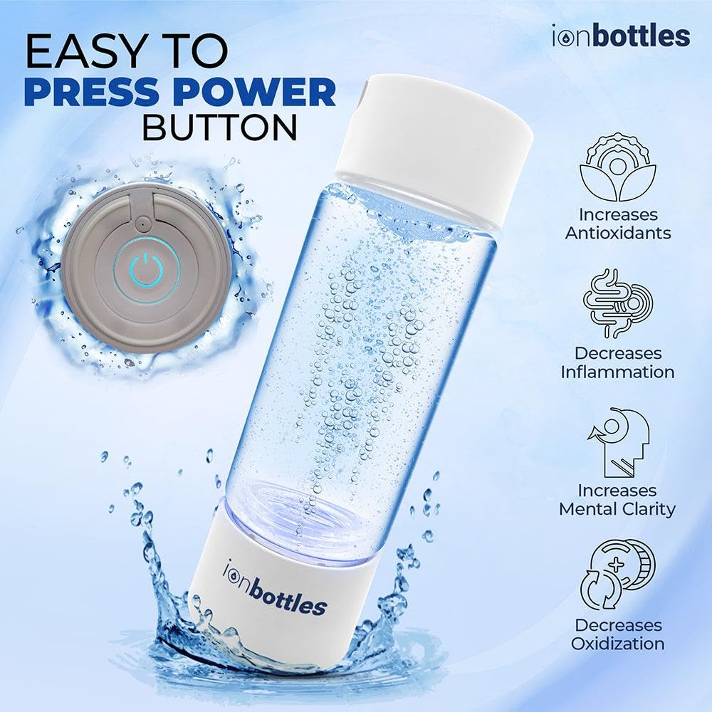 IonBottles Pro Hydrogen Water Bottle – 3.0 PPM H?, Rechargeable, Portable, BPA-Free, 14 oz Glass Bottle, Molecular Hydrogen Generator USB C Rechargeable