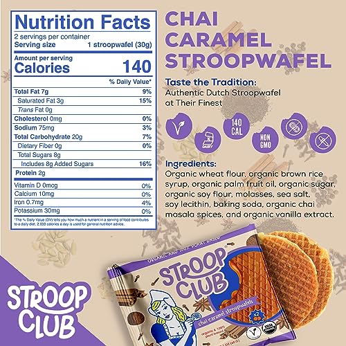 Stroop Club Chai Infused Organic Stroopwafel Caramel Treats | Vegan, Plant-Based and Dutch-Approved Indulgence - 12 Vegan Waffle cookies (6 Pack of 2)