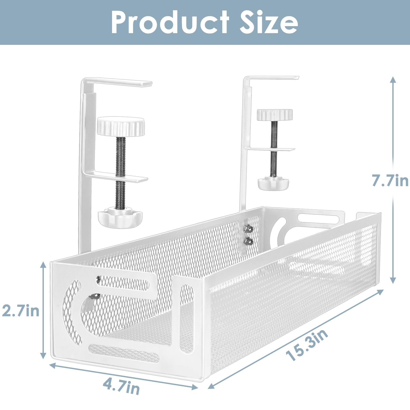 Under Desk Cable Management Tray, Cable Management Under Desk No Drill, Cable Management Tray with Desk Clamp for Home Office Standing Desk Wire Management, White