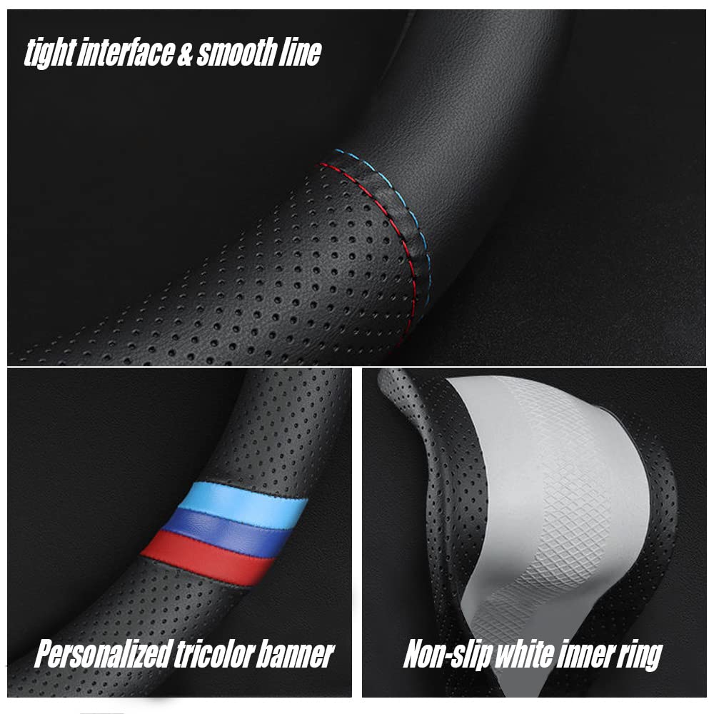 YOUDAXIN New Nappa Leather Car Steering Wheel Cover, Comfortable, Non-Slip, Sport Style Universal 15". Black Blue