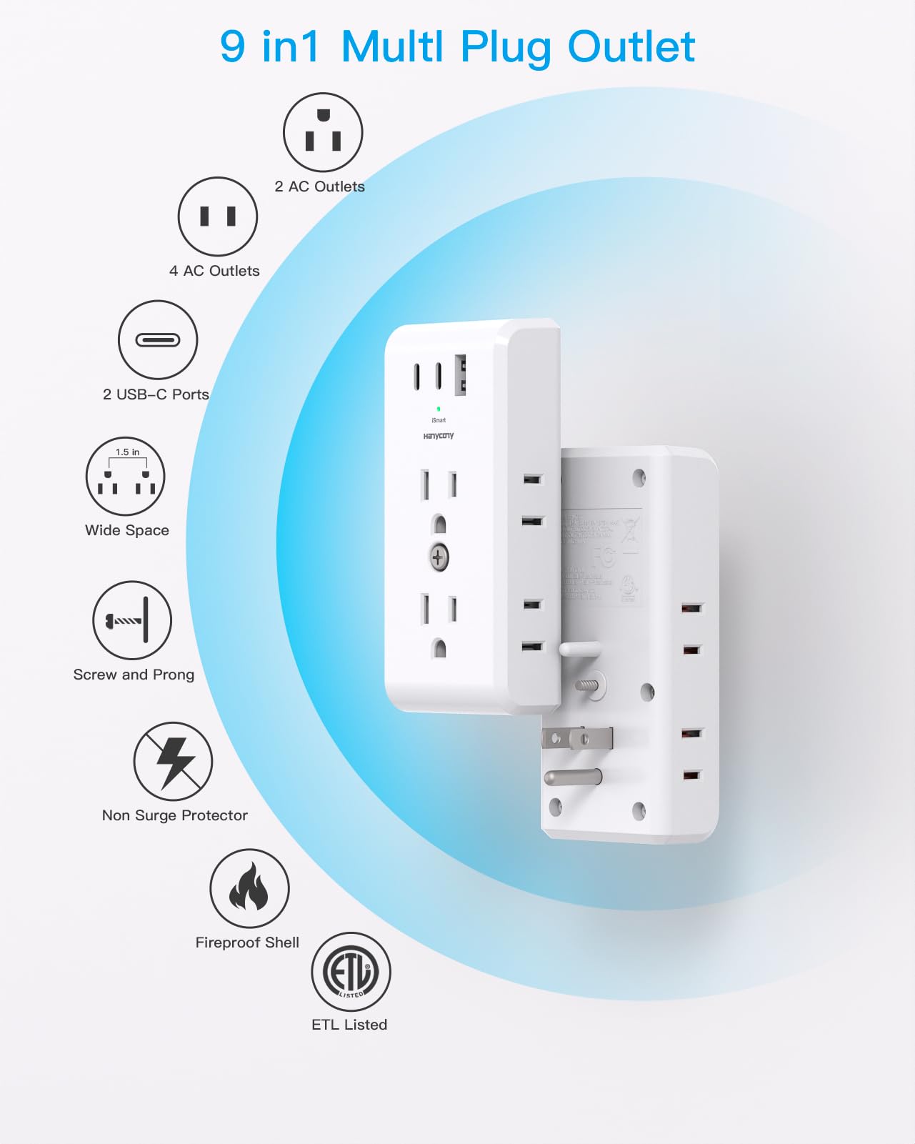 Multi Plug Outlet Extender, HANYCONY 6 Electrical Outlet Splitter 3 USB Ports(2 USB C), Power Strip Multiple Wall Outlet Adapter Expander for Home Office Travel College Dorm Room Essentials, White