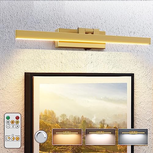 VOLISUN Picture Light Battery Operated with Remote, 3CCT Dimmable Picture Light for Paintings, USB-C Rechargeable, 15.7in Battery Operated Wall Sconce for Art Painting Gallery Bedroom Computer(Gold)