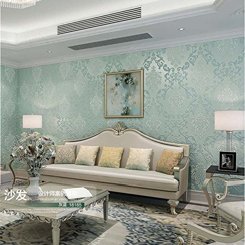 Q QIHANG DAWEI 3D Luxury Damask Pearl Powder Non-Woven Wallpaper Roll for Living Room Light Blue Color 1.73'W x 35.8'L