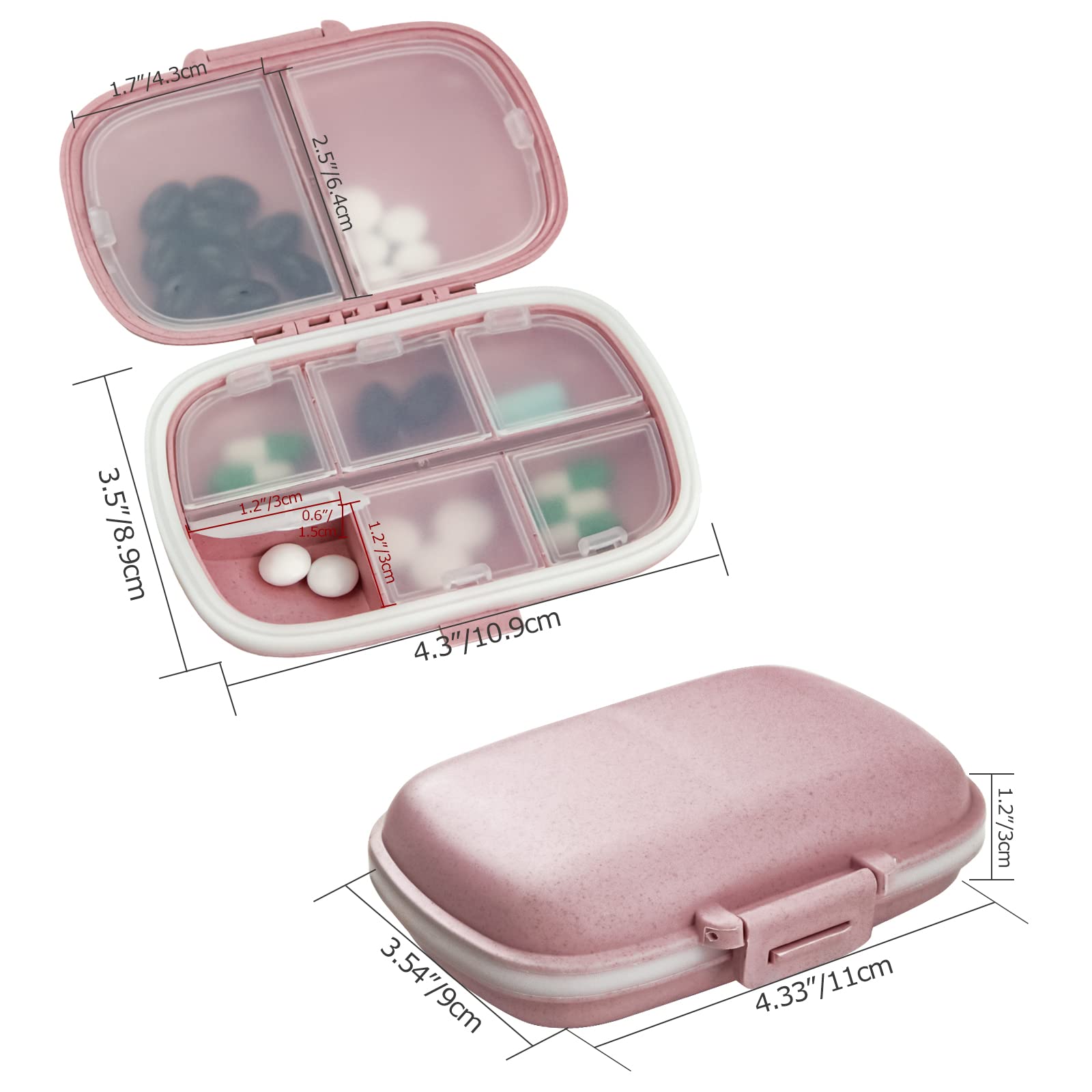 1Pack Travel Pill Organizer, 8 Compartments Portable Pill Case, Small Pill Box for Pocket Purse Portable Medicine Vitamin Container Pink