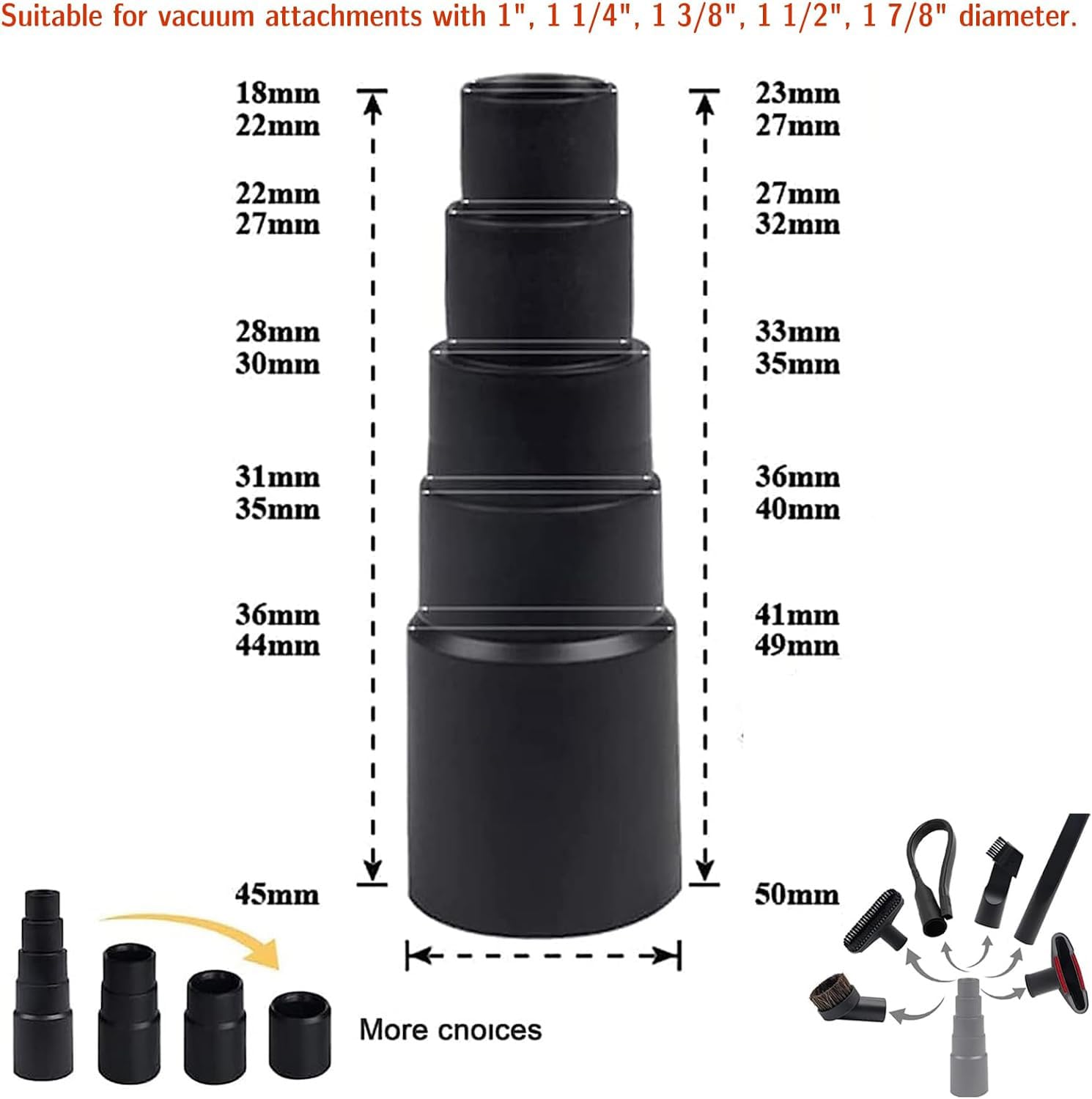 MZY LLC Vacuum Attachments for Shop Vac Accessories, 1 1/4" to 2 1/2" Vacuum Cleaning Accessorie Kit, 1" to 1 7/8" Vacuum Brush Attachment for Shop Vac Attachments Set of 11