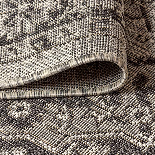 JONATHAN Y SMB102D-28 Rozetta Boho Medallion Textured Weave Indoor Outdoor Runner Rug Coastal Bohemian Rustic Glam Easy -Cleaning Bedroom Kitchen Backyard Patio Non Shedding, 2 X 8, Gray/Black