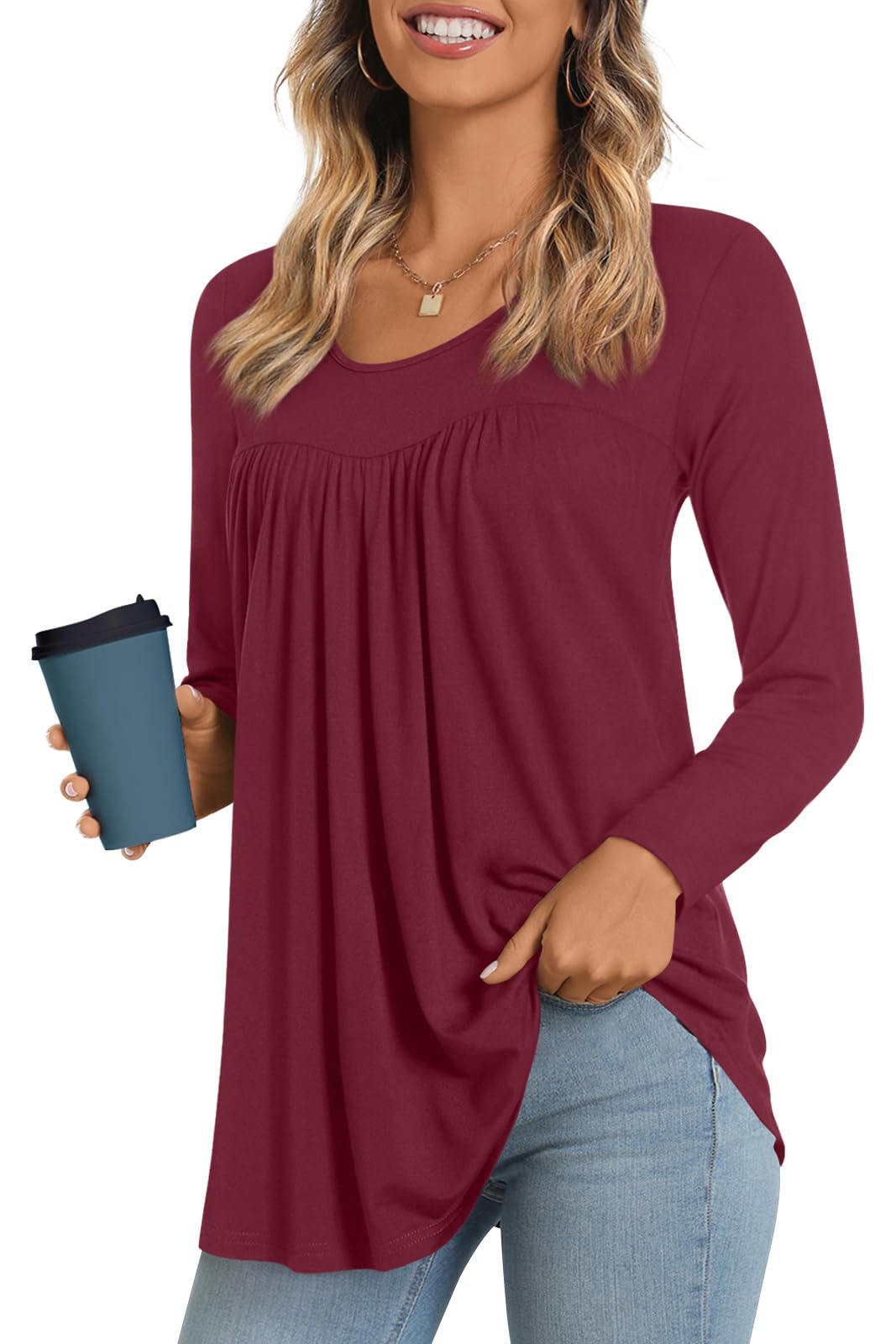 LONGYUAN Women's Long Sleeve Shirts Casual Tops Flare Tunic Loose Cute Shirt Blouse Burgundy Medium