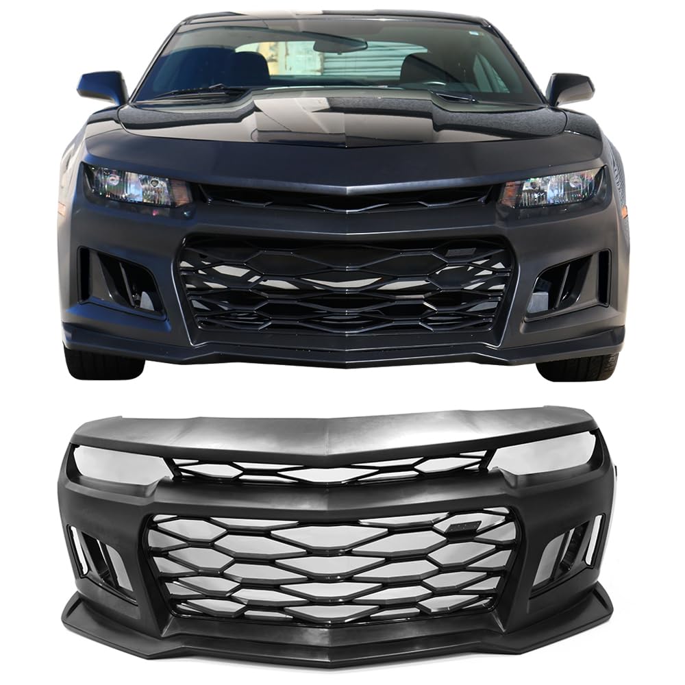 IKON MOTORSPORTS Front Bumper Compatible With 2014-2015 Chevy Camaro, ZL1 Style Black PP Cover with Grille + Bottom Lip + Air Duct + Under Body Panel