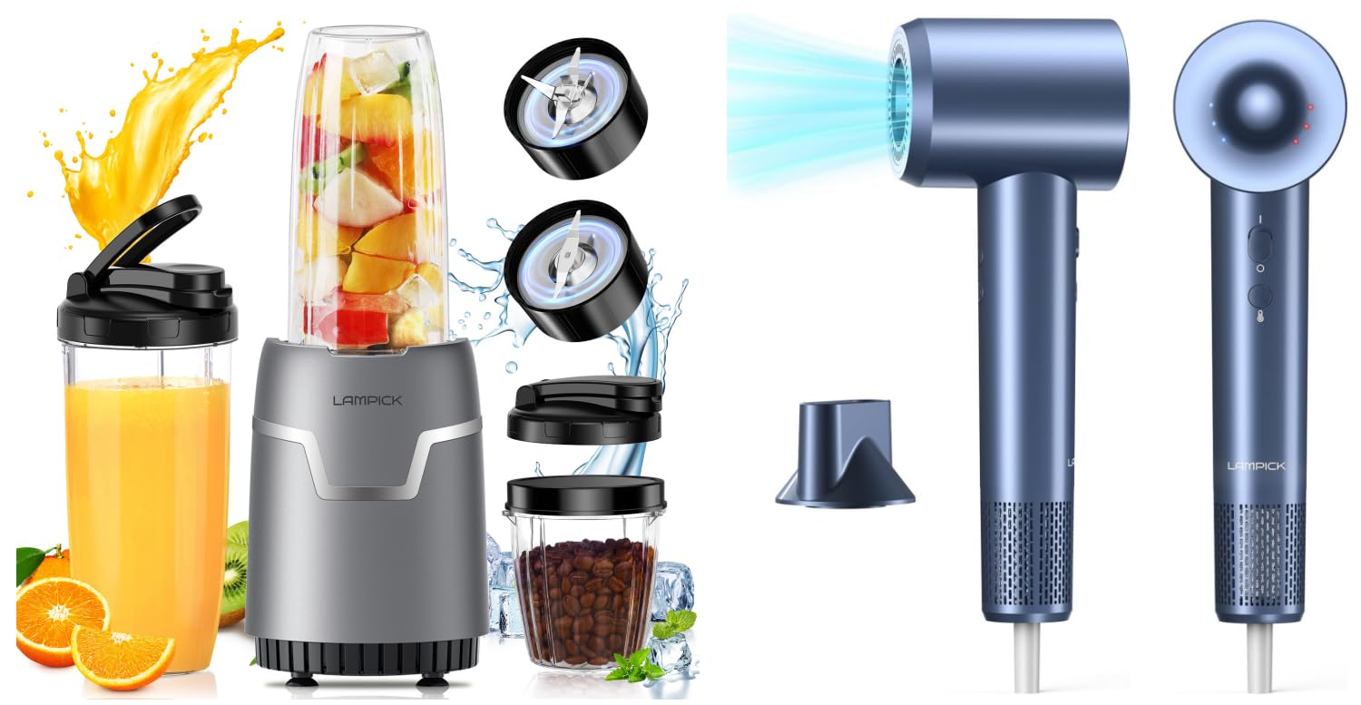 LAMPICK High-Speed Hair Dryer Bundle Smoothie Blender 1100 Peak Watts