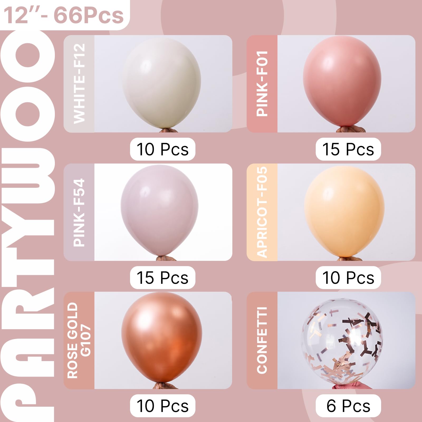 PartyWoo Dusty Pink Balloons 66pcs 12 Inch Blush Rose Pink Metallic Rose Gold Nude Boho White Sand Confetti Balloons for Baby Shower Birthday Gender Reveal Wedding Anniversary Party Decorations