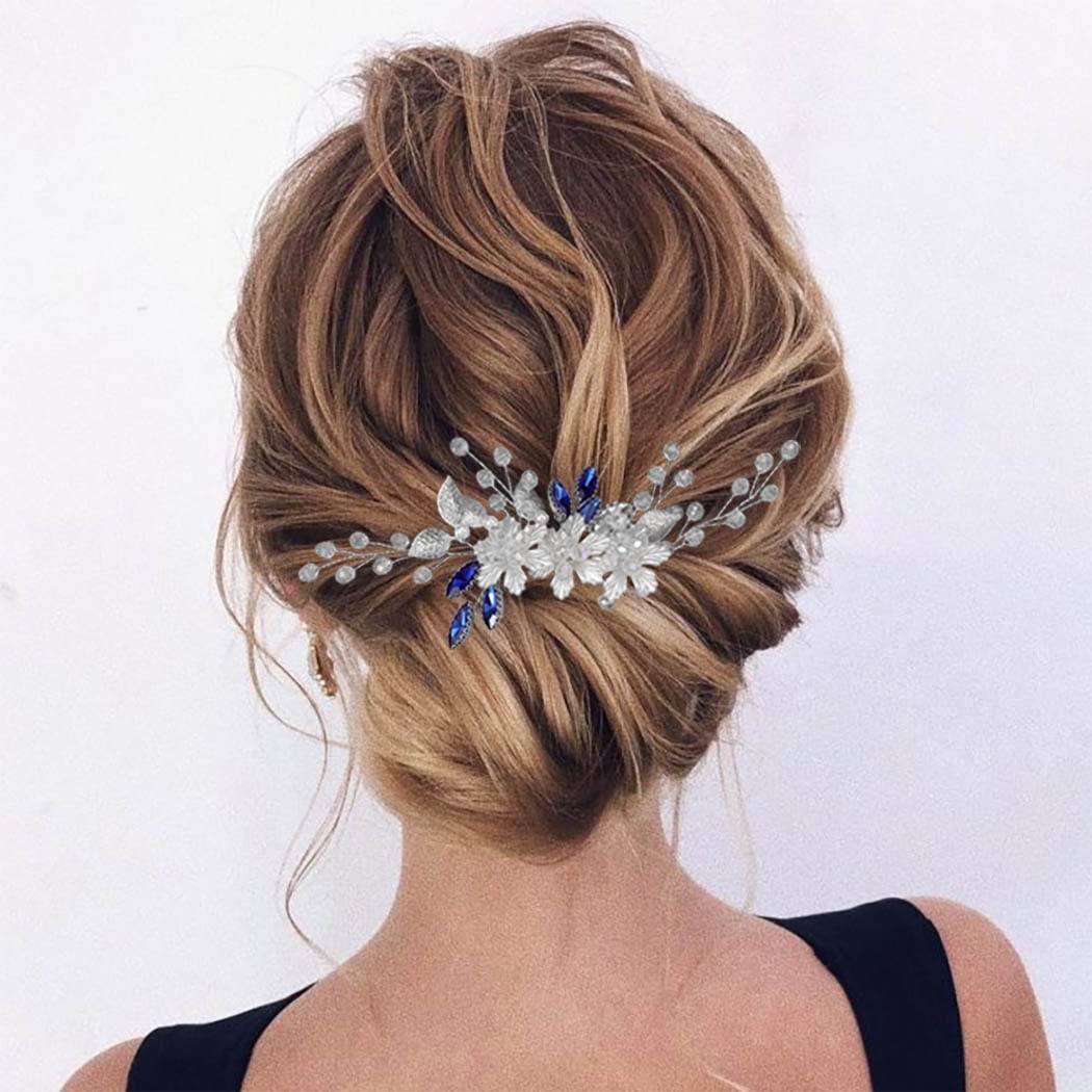 Jeairts Blue Rhinestone Wedding Hair Comb Silver Flower Bridal Hair Pieces Leaf Wedding Headpiece Hair Dress Crystal Bridal Hair Accessories for Women and Girls