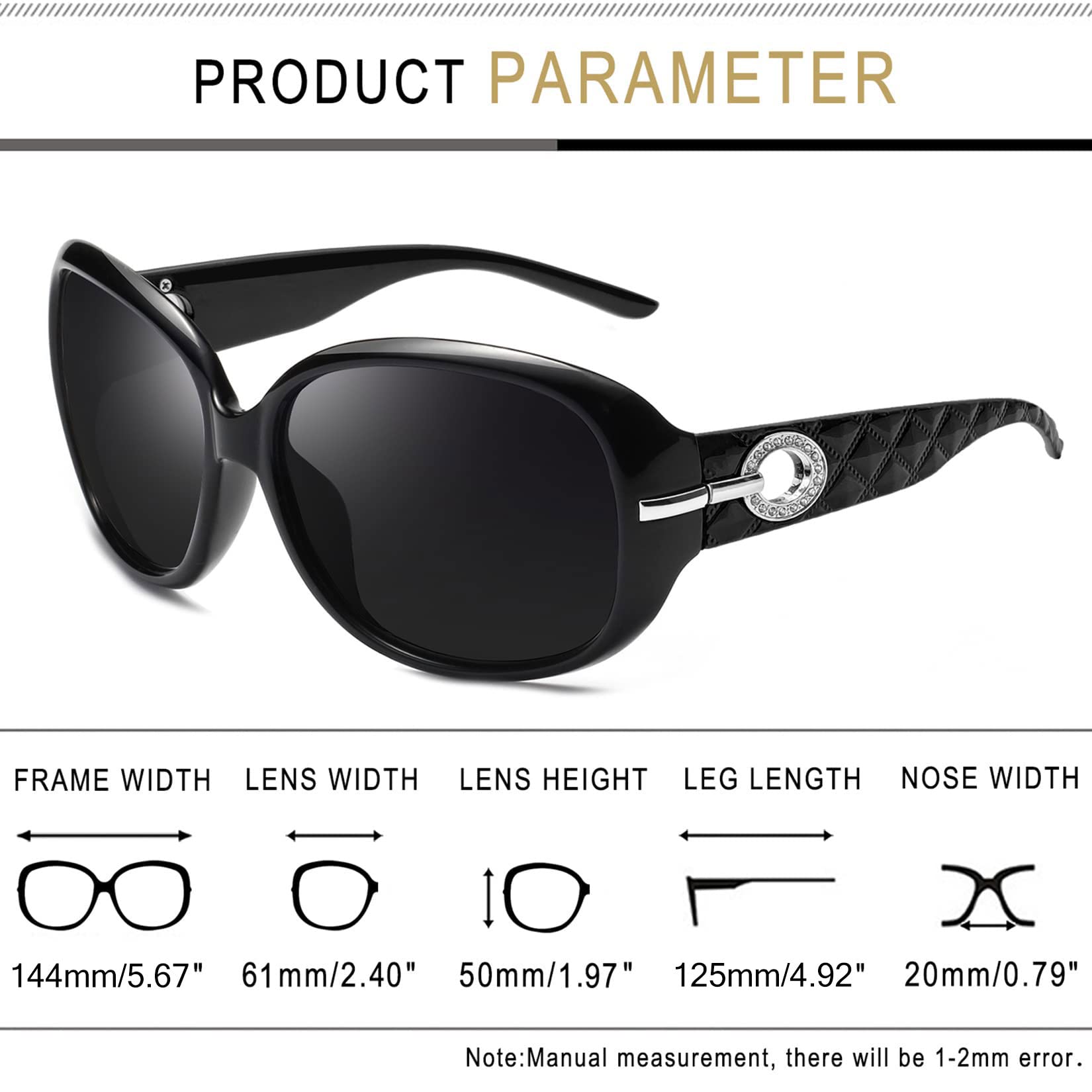 Joopin Big Sunglasses for Women Trendy Rectangle Black Shades Ladies Large Sun Glasses Polarized UV Protection Rhinestone Dark Sunnies