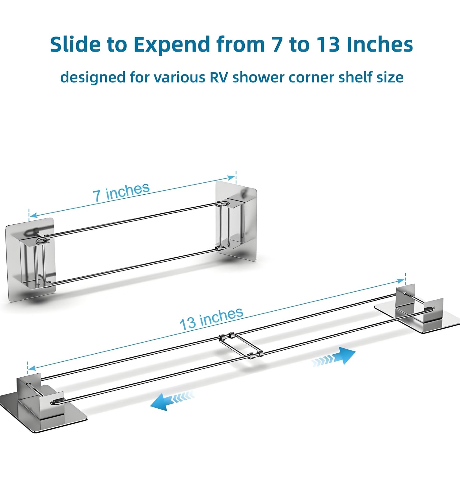 WanDwel RV Shower Corner Bar Adjustable 7-13 Inches Stainless Steel Camper Bathroom Caddy Storage Organizer, Pre-Applied Adhesive for Easy Install 2 Pack
