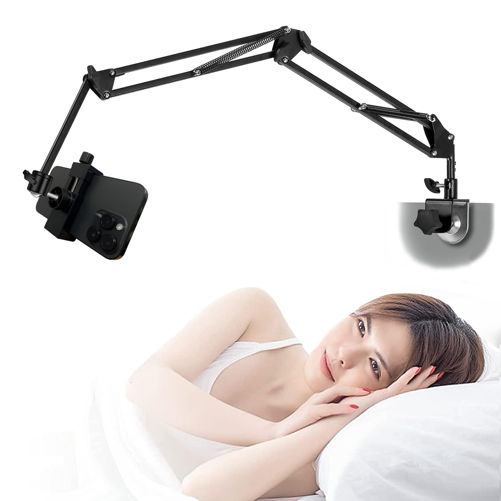 Phone Holder Stand Cell Phone stand for Bed Flexible Carbon Steel Arm Adjustable Cell Phone Mount stand for bed and desk Compatible with iPhone 14 Pro Max 13 12 11 X SE or Other 4"-7" Devices