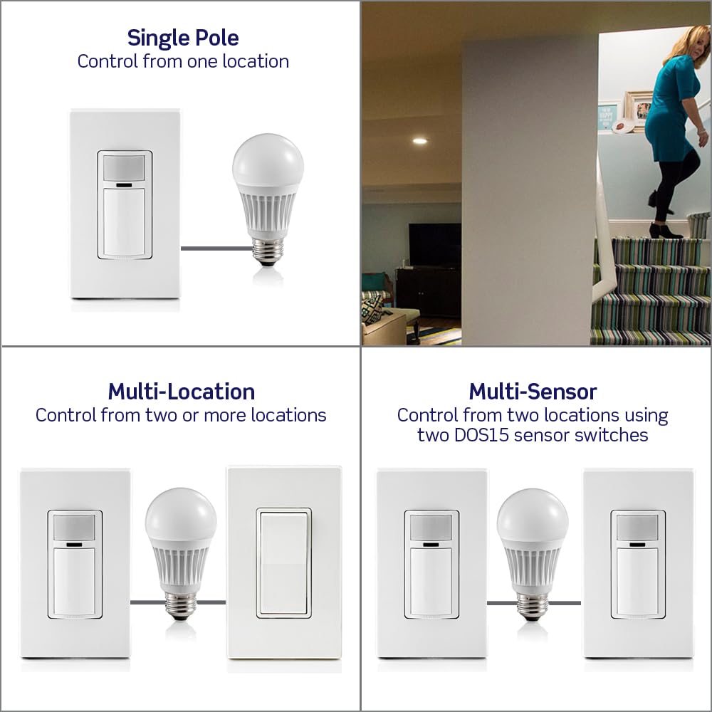 Leviton DOS15-1LZ Decora Occupancy Motion Sensor In-Wall Switch, Auto-On, 15A, Single Pole, Multi-Way or Multi-Sensor, White with Ivory, Light Almond Faceplates