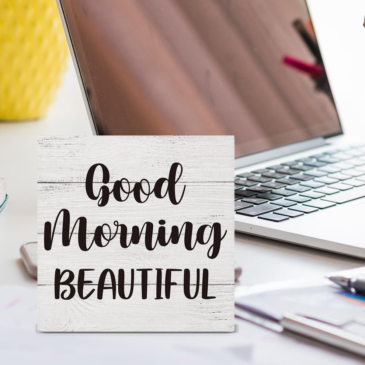 Good Morning Beautiful Wooden Box Sign Desk Decor Wood Box Sign for Home Bedroom Bathroom Shelf Table Decoration 5 X 5 Inch